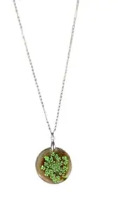 Round Resin Pendant Necklace – Pressed Green Flower Botanical Jewelry