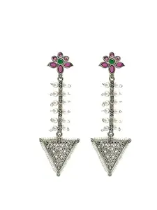 9blings Silver-Plated Stone-Studded & Beaded Drop Earrings