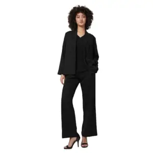 Saltpetre Women Solid Black T-Shirt & Trousers with Blazer 3 Piece Co-Ords Set (Black, XXS)