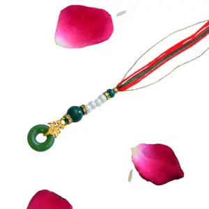 CraftEarth - Crafting Your Curiosity Jade-Inspired Lumba Rakhi | Elegant Green Thread Rakhi with Pearls & Gold Accents - RK-290