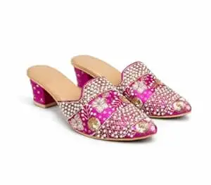 EZZIAUTO Women's Embroidered Mule Heels, Handmade Beaded Slip-On Sandals with Block Heel, Cushioned Insole, Non-Slip Sole for Wedding, Party