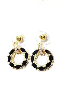 Gold-plated Hoop Earring for Women Fashion, korean earrings - Black Artificial Diamond Stud for Girls, Stylish Earrings Stud aesthetic jewellery, Black & Gold tops