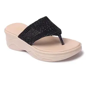 Naitik, Fancy Wedges Heel Sandal For Women & Girls | Stylish Casual Platform Sandals (Black)