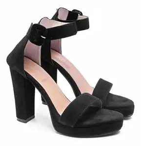GLO GLAMP Women Fashion Strap Block Heels Black Sandals