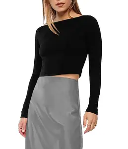 THE BLAZZE Women's Cotton Trendy Stretchable Boat Neck Regular Fit Long Sleeve Solid Black Crop Top for Women L533 1138 (XL, BLK)