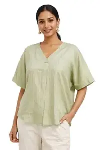 Reeca Women Vertical Striped Tunic Top with V-Neck and Metallic Brooch Detail | Lightweight Short Sleeve Cotton Blend Kurta | Casual Summer Tunic for Women