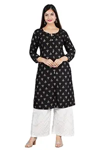 Generic Women's Heavy Reyon Fabric Straight 3/4th Sleeves Black Kurti with Gold Printed and White Palazzo (Size, L)
