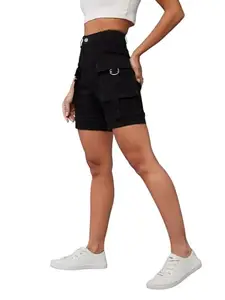 Dolce Crudo Women's Flared High Rise Regular Stretchable Denim Shorts (DOAW21DEN09-03-380-38, Jet Black, 38)