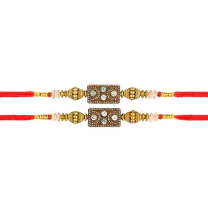 Traditional Rakhi Set for Brother, Crystal Beaded Rectangle Design, Gold-Toned Accents, Red Thread, Pack of 2