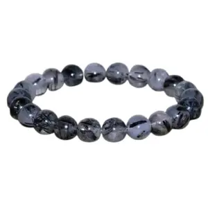 RRJEWELZ Natural Black Rutilated Quartz 8mm Round Shape Smooth Cut Beads 7 Inch Stretchable Bracelet For Men & Women. Unisex Bracelet For Healing, Meditation, Prosperity, Gift & Luck|STBR_RR_10244_7.0