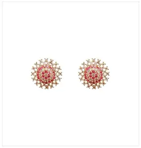 Royal Covering 1 Gram Gold - Plated American Diamond (AD) Round Shape Stud Earring for Women, Girls (Pink and White)