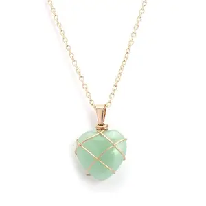 HIMOR Heart-Shaped Crystal Pendant Necklace, Mint Green Stone with Wire-Wrap Design, Gold-Tone Chain