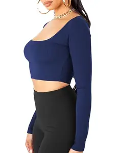 THE BLAZZE Women's Cotton Stylish Western Basic Solid Wear TV Oval Neck with Full/Long Sleeve Crop Top for Women L653 1059 (XL, NVY)