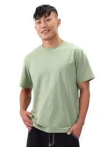 The Souled Store Solids: Serene Green Men and Boys Short Sleeves Round Neck Regular Fit Cotton Blend T-Shirts
