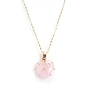 HIMOR Heart Rose Quartz Pendant Necklace, Wire-Wrapped Rose Gold Chain, Pink Crystal