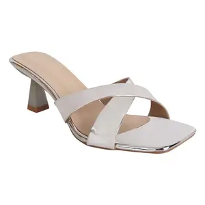 SPICE SOLES Casual and Classy Pencil Heels Crisscross Pattern 2.5 Inch Heel Cushioned Sole Sandals Light Weight Comfortable & Trendy Strappy Party Heels for Girls & Women (Silver, 8)