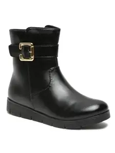 Bruno Manetti Women's Black Slipon Side Zipper and Side PU Belt With golden Buckle Ankle Length Comfort Mid Top Flat Boots
