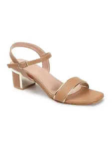 Carlton London Women Tan Comfortable Sandal having Buckle with Block Heels, Square Toe for Party and Formal Occasions (41)