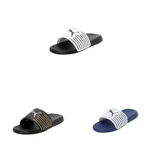 Puma Unisex-Adult Geo Slide Sandals in Black-White, Black-Metallic Gold, & Clyde Royal-White (8 UK).