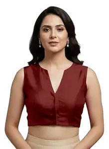 Mehrang Womens Taffeta Padded Blouse, Sleeves V-Neck Stitched Blouse, Full Back Covered Readymade Saree Blouse for Women