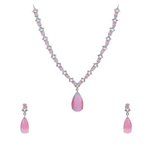 Merry Pear Drop Shape AD Necklace Set With Pink Gemstone