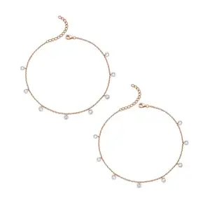 Silberry 925 Sterling Rose Gold Royal Crystal Pair of Anklets | Gift for Girlfriend and Wife | Anklets for Women & Girls | With Certificate of Authenticity and BIS Hallmark