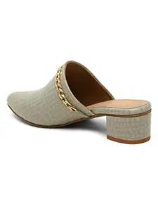 Bruno Manetti Women's Grey Slipon Back Open Pointed Toe Upper Gold Chain Patent Comfort Heels