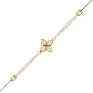 I Jewels Rakshabandhan Designer Handcrafted Pearl & Kundan Bhaiya Rakhi With Roli Chawal for Brother/Bro/Men (R120W)