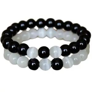 Lady Works black onyx & white cats eye 8mm Round Smooth beads Long Distance Couples Love Friendship Combo Bracelet Set - Couples Relationship 6.5 inch Stretchable Bracelets set|LW_BRCP_077_6.5