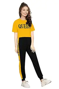 Andaria Fashion Hub Women's Cotton Queen Printed Tracksuit Top & Pants Short Sleeve Outfit Set for Girls Yoga Track Suit Pants, Joggers, Gym, Active Wear (Yellow) (S)