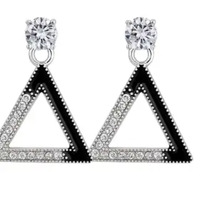 Crystal Triangle Drop Earrings, Black and Silver Color, Rhinestone Statement Dangle Design