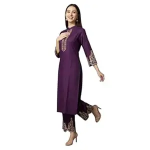 SHANTVAN GALLERY Kurti Set for Women Roman Silk Straight Kurta with Pant Embroidered Kurti Pant Set Women Kurta Set with Straight Pants Ethnic Wear for Office Casual Wear