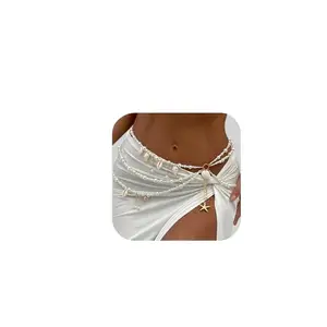 BELICIA 1 Pcs Premium Summer Beach Shell Conch Pendant Waist Chain Belt Festival Rave Pearl Waist Body Chain Multi-layered Pearl Belly Chain Jewelry Outfit Dress Body Jewelry for Women (white)