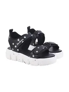 Shoetopia Women’s Black Chunky Platform Sandals with Polka Dot Straps || Trendy Casual Sporty Sandals with Adjustable Velcro & Comfortable Sole EU41
