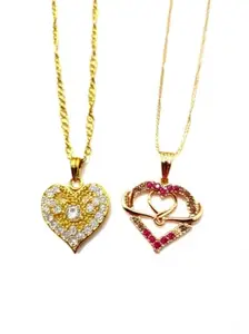 Heart-Shaped Pendant Necklace Set, Golden Colour, Crystal and Ruby Accents, 2 Pieces