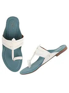The White Pole Slip On Flat Slides Ethnic Kolapuri Sandals For Women And Girl