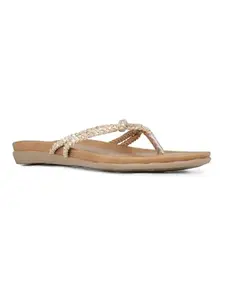 Inc.5 Womens Beige Party Wear Striped T-Strap Flats