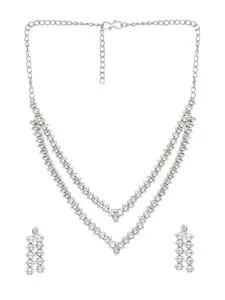 OOMPH Jewellery Silver Tone Multi Layer American Diamond CZ Necklace Set for Women & Girls Stylish Latest (NEJR29_Z3)- For Women & Girls Stylish Latest