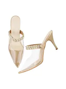 TRYME Gorgeous Transparent Ravishing Bellies Women's Fashion Pointed Stiletto Heel Pump Shoes for Party and Formal Occasions Golden