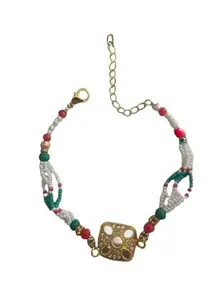 Handcrafted Pearl and Turquoise Beaded Rakhi Bracelet with Gold-Toned Mirror Charm