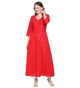 Women's Casual 3/4th Sleeve Embroidered Cotton Kurti (Red, 2XL)-PID48446