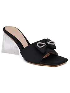 Shuz Touch Women Bow Detail Satin Upper Transparent Slip On Heels Sliper - Black