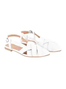 Shoetopia Pointed Toe Buckle Detailed White Flat Sandals For Women & Girls