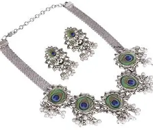 SHREYA-FASHION-German Silver Oxidized Traditional Alloy Mor Pankh Choker Necklace With Earrings For Women