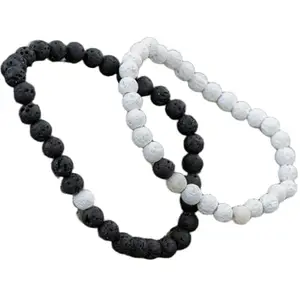 Lady Works black lava & white lava 6mm Round Smooth beads Long Distance Couples Love Friendship Combo Bracelet Set - Couples Relationship 6 inch Stretchable Bracelets set|LW_BRCP_045_6