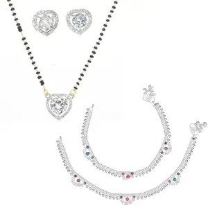 AanyaCentric Jewelry Set of Silver Plated Anklet and Gold-Plated AD Mangalsutra with Pendant Earring