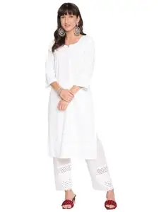 Women's Casual 3/4th Sleeve Chikan Embroidery Cotton Kurti (White, M)-PID48487