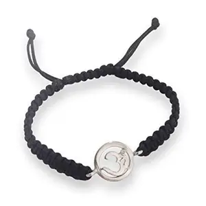 AUMKAARA Black Fabric and 92.5 Percent Silver Auspicious Silver Charm Om Bracelet with Adjustable Strap for Men and Women