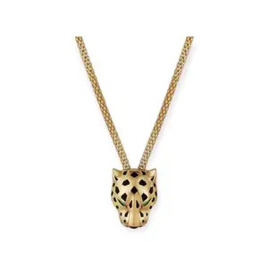 Leopard Head Pendant Necklace Gold-Tone Chain Green Crystal Eyes