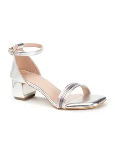 Carlton London Women Silver Stylish Fashion Embellished Sandals for Outdoor, Party, Wedding and Holidays with Block Heels (39)